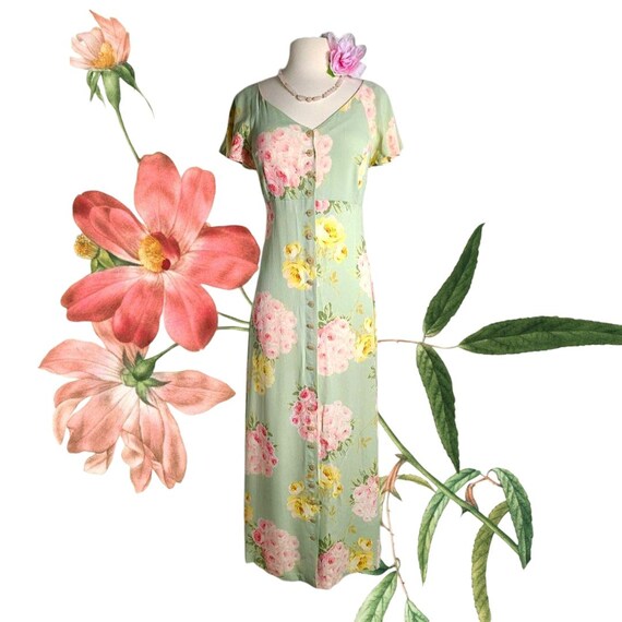 1990s Betsey Johnson Rose Bouquets Button Down Short Sleeve Maxi