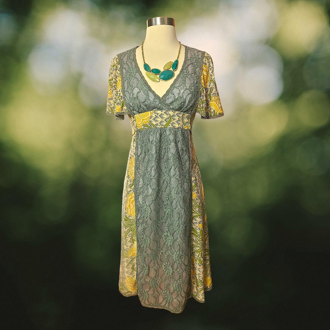 brown and green floral dress Mac Duggal - Embellished Flutter Sleeve Midi long floral print dresses main image 0