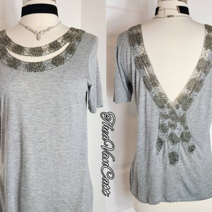GRYPHON New York vintage 2000s silk beaded designs deep v back short sleeves cut out top small extra small retro formal evening