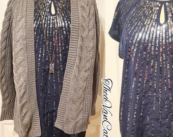 2 piece BUNDLE Romeo and Juliette navy blue sequin tunic/mini dress and Universal Thread gray cable knit shawl/sweater size small vintage