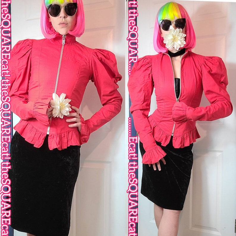 1980s Betsey Johnson Leg O Mutton Sleeves zip up punk label peplum rocker jacket rare red size small image 2