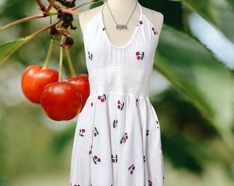 Betsey Johnson vintage y2k 00s white with red embroidered cherries stretchy terry cloth fit and flare 2 pockets halter dress retro kitsch