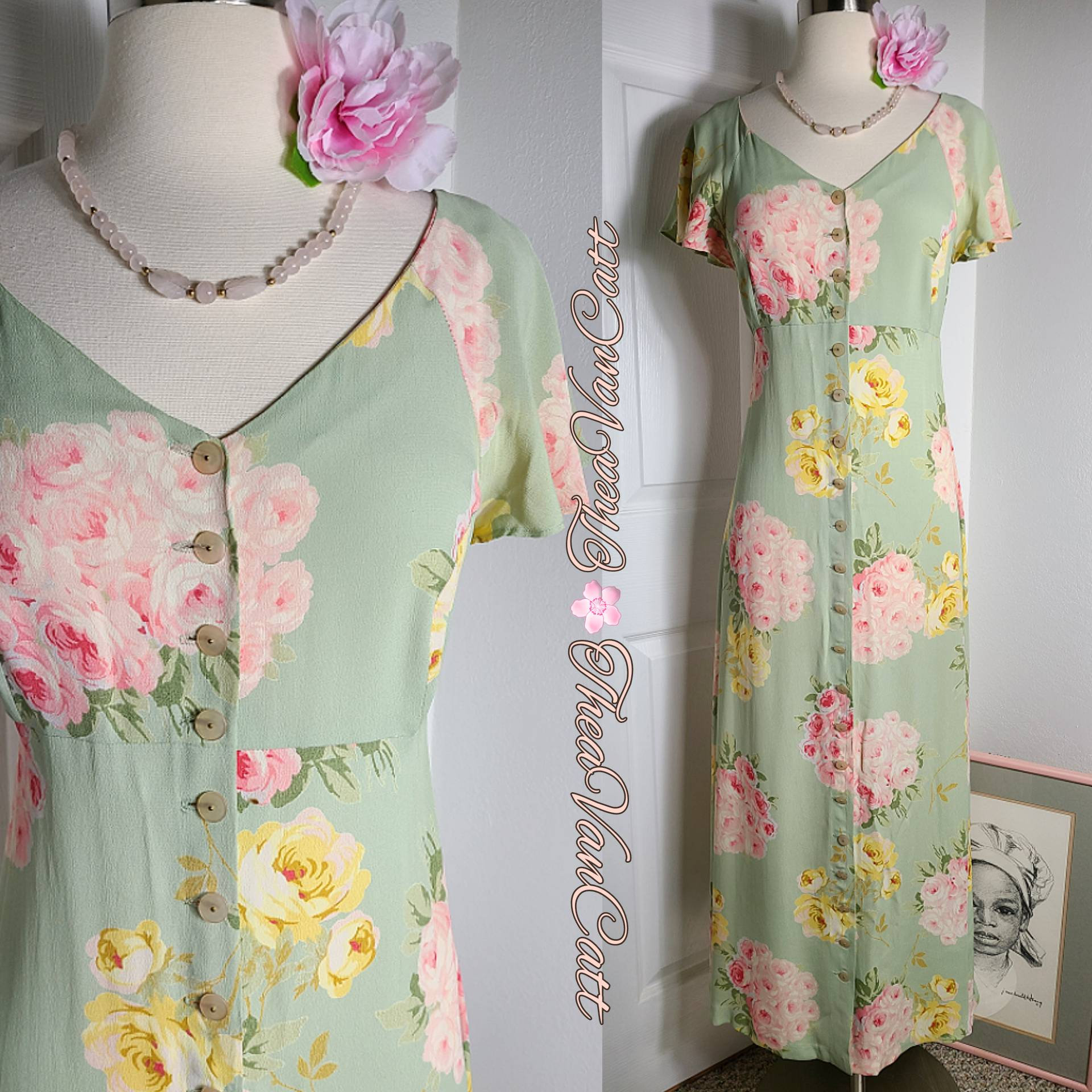 1990s Betsey Johnson Rose Bouquets Button Down Short Sleeve Maxi