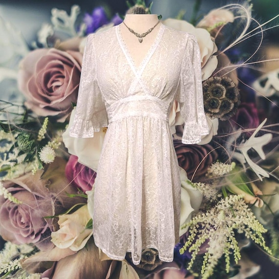 SALE Betsey Johnson Vintage 90s Y2k White Mini Dress Sheer Floral Lace  V-neck Flowy Half Sleeves With Waist Tie Wedding Bride Lingerie - Etsy