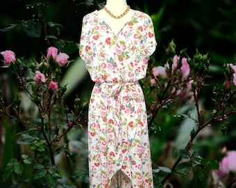 Vintage 90s Floral wildflowers garden cottagecore Prairie romantic y2k fairycore Vintage high low faux wrap style tropical dress semi sheer