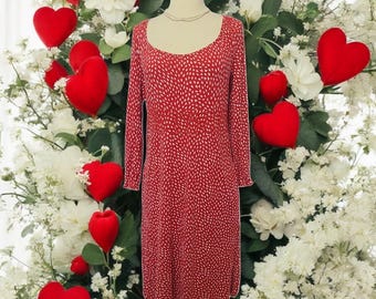 SALE Betsey Johnson vintage 90s dress red background with white hearts 2 pockets Valentine's Day retro novelty 3/4 sleeves love cupid sweet