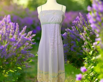 Betsey Johnson vintage 90s slip dress yellow mesh with embroidering flowers over purple lining green velvet formal Easter pastel milkmaid
