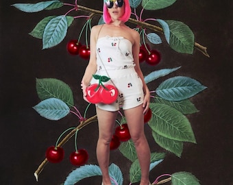 Betsey Johnson vintage y2k Cherry fruit embroidery strapless sexy pin-up romper with pockets retro country club barbie kawaii cute cherries