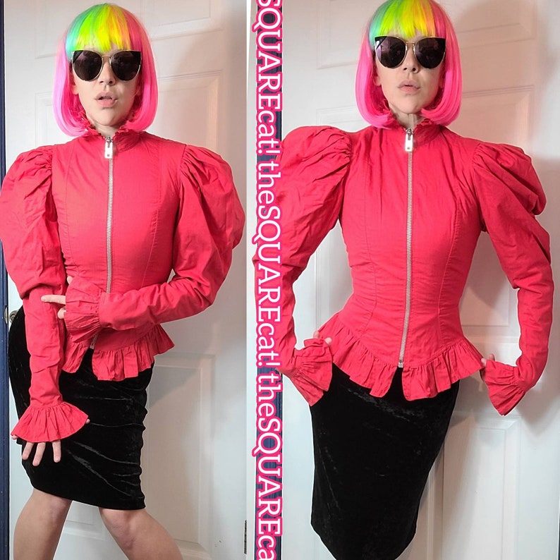 1980s Betsey Johnson Leg O Mutton Sleeves zip up punk label peplum rocker jacket rare red size small image 4