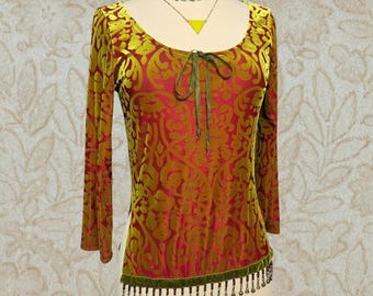 Betsey Johnson vintage 90s velvet burnout top blouse with bells beads red green ribbon retro buffy Sabrina boho Friends Ally McBeal novelty