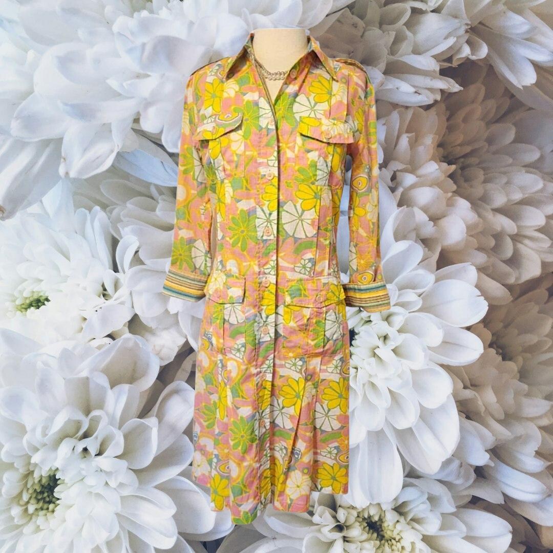 Kuhlman Vintage Pink Green Yellow Blue Floral Print Button Down