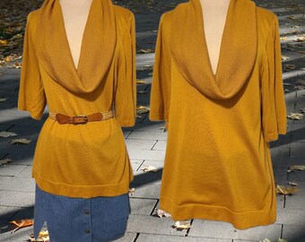 SALE BCBG MAXAZRIA vintage y2k cowl neck top half sleeve fall color mustard yellow 00s aesthetic contemporary silk cotton pullover sweater