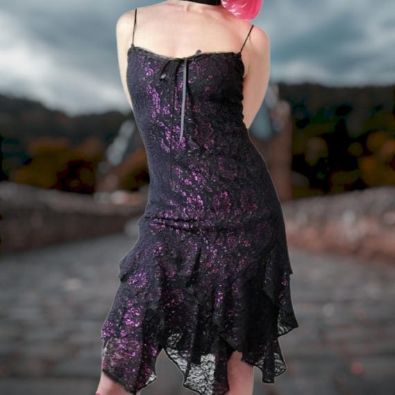 betsey johnson formal dress SALE - New York Vintage Shimmery Purple & Black Lace Goth Fairycore Prom 90s Dress Y2k Homecoming Evening Sexy child:Key Lime Light Taffeta