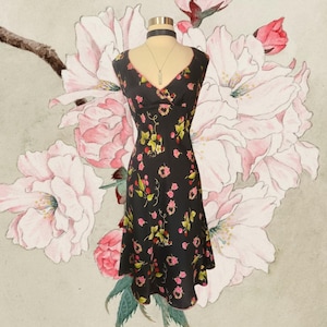 Betsey Johnson New York vintage 90s y2k black silk fruit cherry strawberry rose flower garden midi dress coquette retro pinup milkmaid fairy
