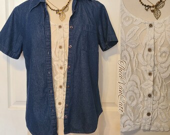 Vintage 2 tops bundle 90s y2k sheer lace sleeveless button down and denim blue Jean short sleeves button down western country garden retro