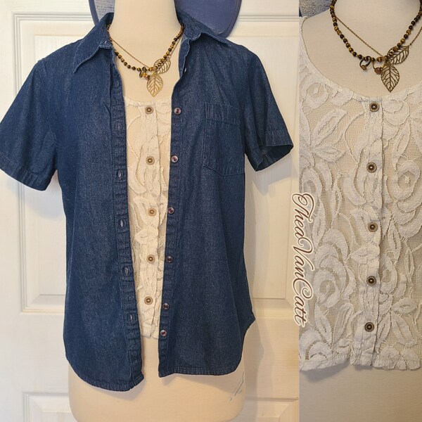 Vintage 2 tops bundle 90s y2k sheer lace sleeveless button down and denim blue Jean short sleeves button down western country garden retro