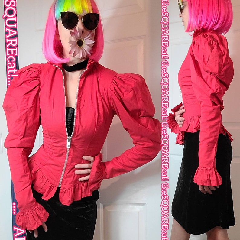 1980s Betsey Johnson Leg O Mutton Sleeves zip up punk label peplum rocker jacket rare red size small image 1