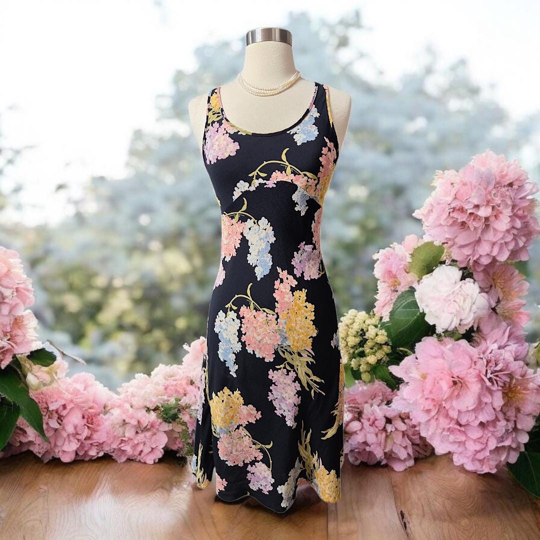 betsey johnson pink and black dress Vintage Floral Slip 90s Y2k With Yellow Blue Purple Hydrangeas Print Retro Spring Summer Romantic Garden low iron if needed. swim-cover B Darlin Womens Black Color:Black 2F71201