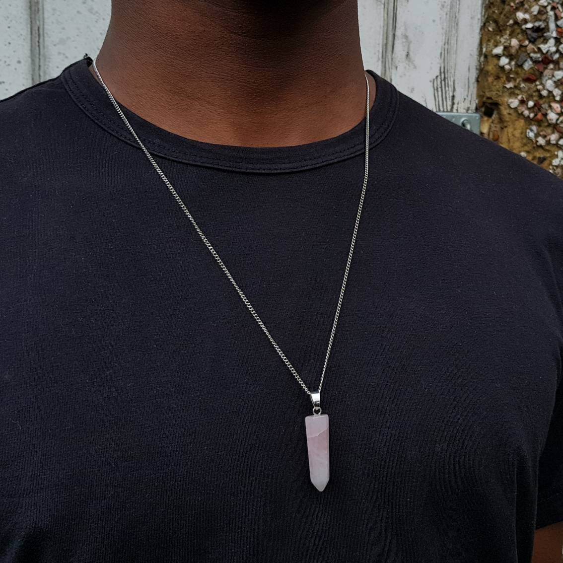 Mens Rose Quartz Point Necklace Silver 