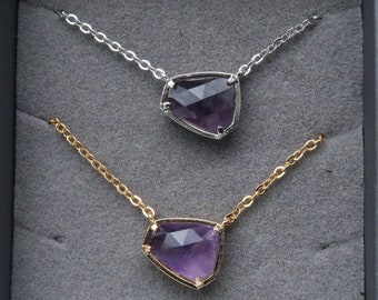 Gold Amethyst Gemstone Necklace – Dainty Purple Crystal Pendant