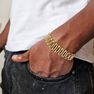 18k Gold Watch Link Strap Bracelet mens, Man thick link bracelet Gold - Luxury Mens minimal jewelry gift for him