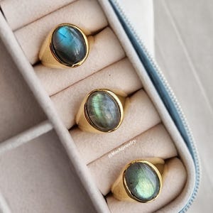 Gold Labradorite Signet ring for men and women, pink ring genuine gemstone flashy blue
