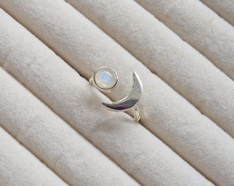 Crescent Moonstone Ring, Sterling Silver Celestial Jewelry