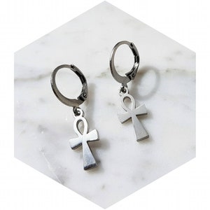 Ankh Silver Earrings - Egyptian ankh hoop earring - stainless steel ankh earrings - Dainty charm earrings - ankh Earrings -  Hoop Earrings