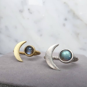 Labradorite crystal ring crescent moon sterling silver gemstone ring for women dainty