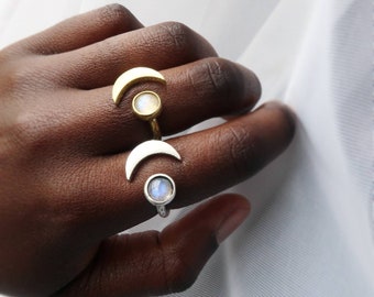 Crescent Moon ring Moonstone gemstone half moon sterling silver ring witches celestial astrology jewelry women gift idea