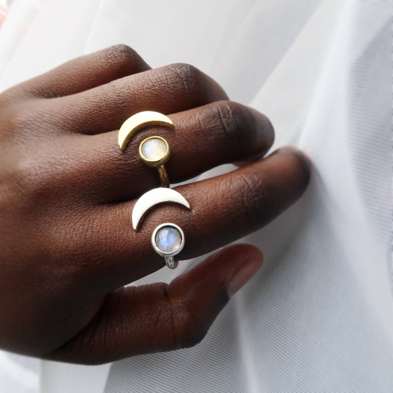 Celestial Half Moon rings Crescent moon Gemstone ring Etsy