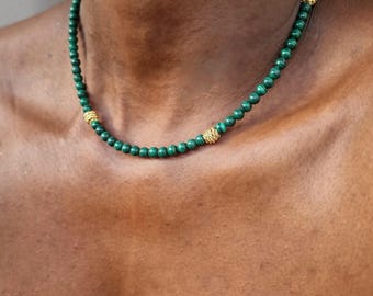 Gold Beaded Malachite Necklace for Women, Green Gemstone Choker