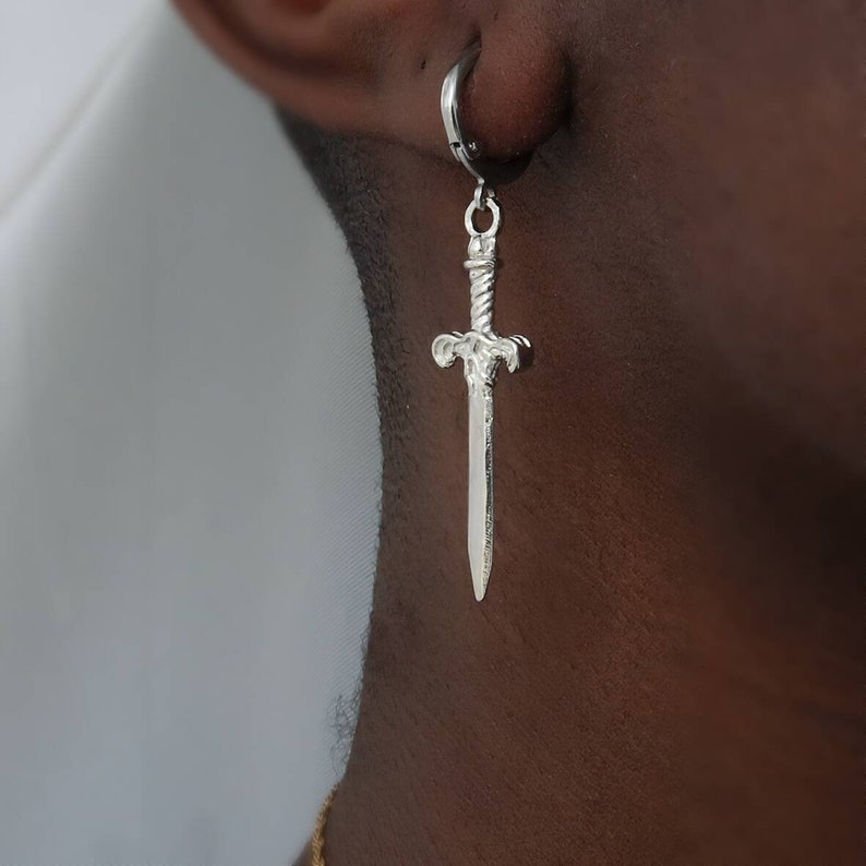 Gold sword dagger earrings unisex image 5