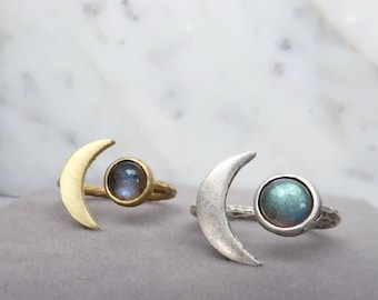 Labradorite Moon Ring - Natural Labradorite gemstone ring Gold and silver - Half moon Labradorite ring for women - Bohemian statement ring