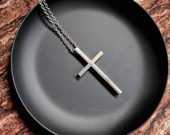 Mens Silver Cross Necklace - Stainless steel silver cross pendant for men - LARGE cross necklace - Cross  Pendant Necklace -Gift for him
