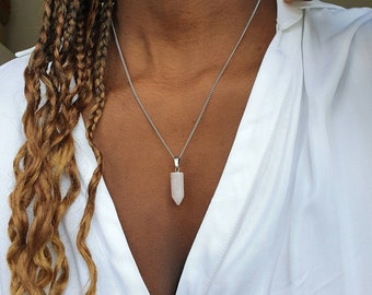 Rose Quartz Necklace Silver Crystal Pendant, Birthstone Gift for Mom or girlfriend