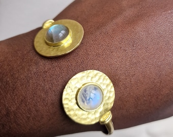 Handcrafted Gold Brass Labradorite Rainbow Moonstone Cuff Bracelet Bangle for Women - bohemian gemstone cuff beach summer bangles gold