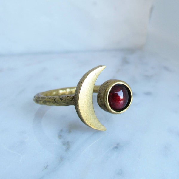 Gold Tone Brass Garnet Moon Ring – Adjustable Boho Statement Ring