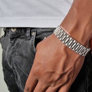 Pulsera de plata para hombre, reloj de eslabones para hombre, pulsera ancha de plata - Joyas para hombre, pulseras de plata con cadenas para hombre de acero inoxidable