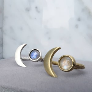 Crescent moon ring sterling silver gemstone labradorite ring Moonstone half moon ring for women 925 silver