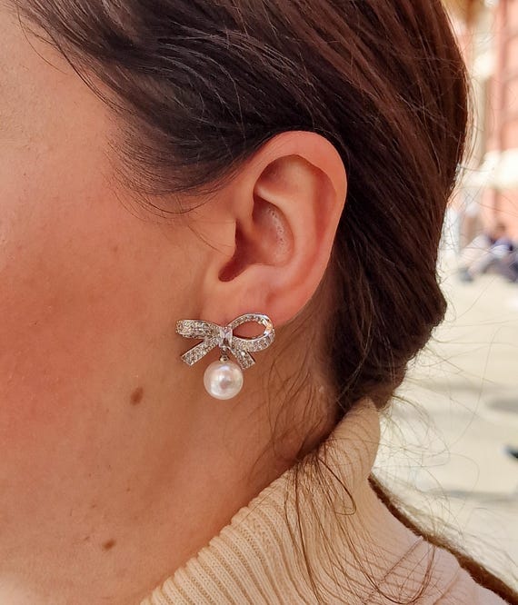 Crystal Bow Stud Earrings Pearl Bow Cocktail Earrings Gift Studs for Women 1920s Style Jewelry Etsy