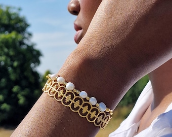 Bohemian Gold Cuff Bracelet – Adjustable Ethnic Bangle, Filigree Design