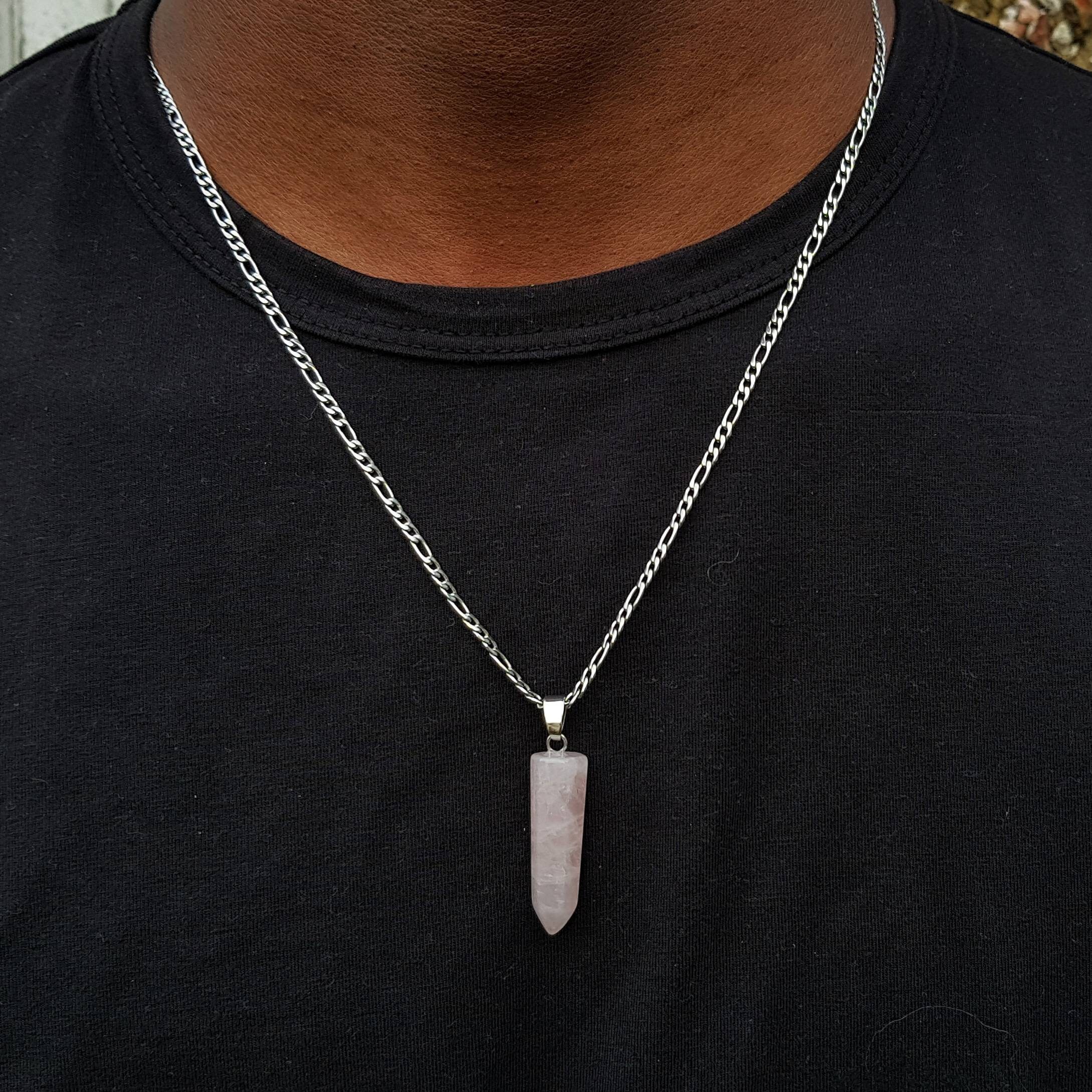 Mens Rose Quartz Point Necklace Silver 