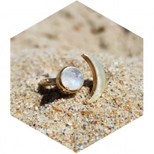 Moonstone Crescent Moon Ring – Bohemian Gold Brass Gemstone Ring