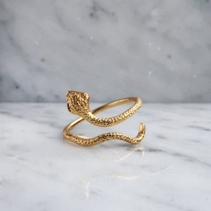 Può includere: Un anello a forma di serpente dorato con una finitura testurizzata. L'anello è aperto e regolabile.