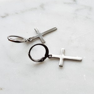 Cross Earrings - stainless steel mini cross hoop earrings - UNISEX for men - for women - earrings for men - Silver cross