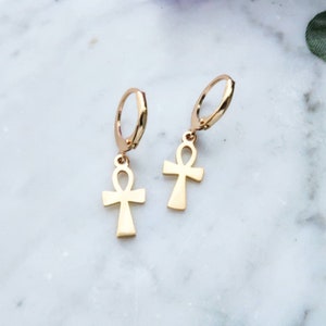 Ankh earrings Gold Egyptian ankh earring charm Cross hoop dangle earrings for men and women