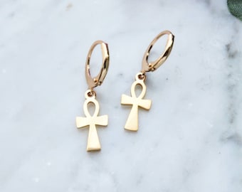 Gouden ankh-ringoorbellen, Egyptisch kruis, roestvrij staal