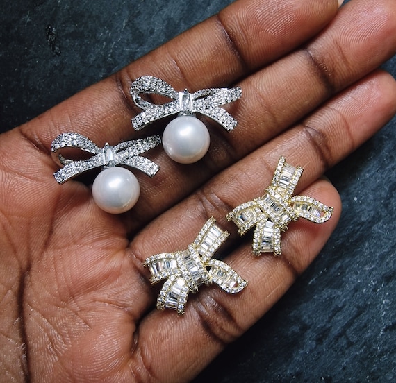 Crystal Bow Stud Earrings - Pearl Bow Cocktail Earrings