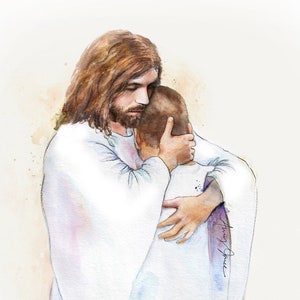 Christ&#39;s Embrace- Jesus hugging man or woman light or dark hair, Memorial Grief Bereavement Gift Printable Funeral Baptism Program Cover